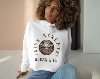 Ocean Life Crop Hoodie Sweatshirt Surf Fashion for Divers/Ocean Lover Warm Fleece Hoody White/Pink Women's Clothing Warm Jumper Large/Small