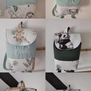 Sac a dos enfant maternelle personnalisé Imprimé  animaux uni tons vert / bleu prénom brodé