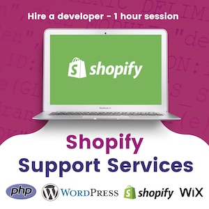 Peut inclure: Un ordinateur portable avec un écran vert affichant le logo Shopify. Le texte "Hire a developer - 1 hour session" est au-dessus de l'ordinateur portable. Sous l'ordinateur portable, le texte "Shopify Support Services" est affiché dans une forme de nuage blanc. Sous le texte, il y a quatre logos : php, WordPress, Shopify et Wix.
