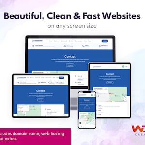 May include: A website design company advertises their services with a mockup of a website on a desktop computer, tablet, and smartphone. The website is blue and white with the text "Contact" and a map. The ad includes the text "Beautiful, Clean & Fast Websites on any screen size" and "Includes domain name, web hosting and extras."