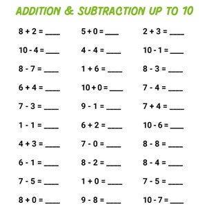 Puede incluir: Una hoja de trabajo en blanco y negro con el título "Suma y resta hasta 10". La hoja de trabajo tiene 18 problemas de matemáticas para que los niños resuelvan.