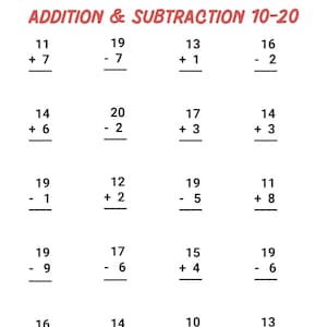 Ausdruckbare Mathe-Arbeitsblätter für die Vorschule und Grundstufe – Plus und Minus (Zahlen 10-20)
