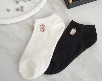 SET OF 2 Bubble Tea Embroidered Socks - Boba Tea Socks - Milk Tea Socks - Cute Cotton Ankle Socks for Woman - Perfect Gift - Stocking Filler