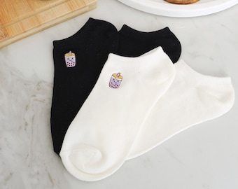 SET OF 2 Taro Bubble Tea Embroidered Socks - Boba Tea - Taro Milk Tea - Cute Cotton Ankle Socks for Woman - Perfect Gift - Stocking Filler