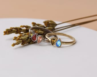 Drop Birthstone Ring, 925 Sterling Silver Family with Color Options