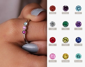 Birthstone Ring, Family Birthstone Ring, Elegant Ring, Precious Stone Personalized Gift, Tiny Silver Ring, Family Birthstone, Moon Necklace