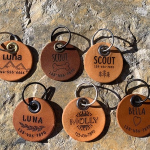 Round Leather Engraved pet tags: 6 designs to choose from