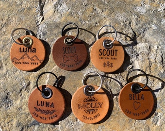 Round Leather Engraved pet tags: 6 designs to choose from