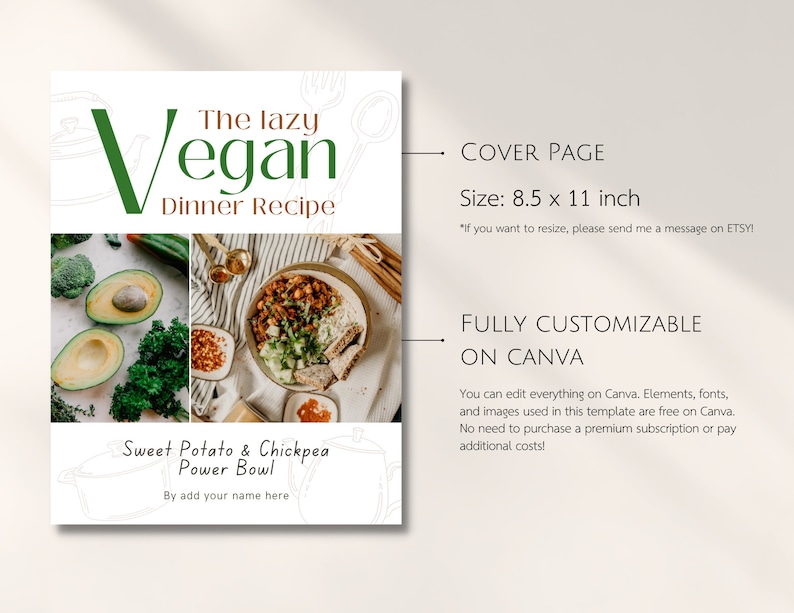 Vegan Recipe Cookbook Template / Printable Ebook Template / Digital