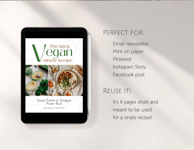 Vegan Recipe Cookbook Template / Printable Ebook Template / Digital