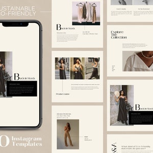 May include: A collection of 30 Instagram templates for sustainable and eco-friendly fashion brands. The templates feature a minimalist aesthetic with a neutral color palette and images of clothing and accessories. The text "Sustainable Eco-Friendly" is displayed at the top of the image.