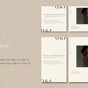 May include: A white background with the text "Sizes/" in black. Below the text are two lines of text in black: "INSTAGRAM POST (1080 PX X 1080 PX)" and "INSTAGRAM STORY (1080 PX X 1920 PX)". There are three white squares with black text that reads "Q&A" in the top right corner of each square. The squares contain a black and white image of a person.