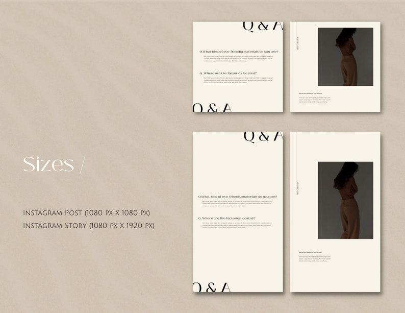 May include: A white background with the text "Sizes/" in black. Below the text are two lines of text in black: "INSTAGRAM POST (1080 PX X 1080 PX)" and "INSTAGRAM STORY (1080 PX X 1920 PX)". There are three white squares with black text that reads "Q&A" in the top right corner of each square. The squares contain a black and white image of a person.