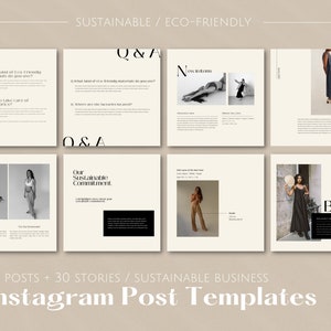 May include: A set of Instagram post templates for a sustainable and eco-friendly business. The templates feature a minimalist design with black and white text on a cream background. The templates include questions and answers, a commitment to sustainability, and product information.