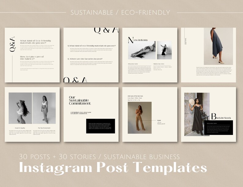 May include: A set of Instagram post templates for a sustainable and eco-friendly business. The templates feature a minimalist design with black and white text on a cream background. The templates include questions and answers, a commitment to sustainability, and product information.