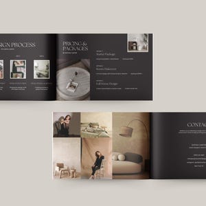 Op de afbeelding: Een brochure voor interieurontwerpservices. De brochure bevat afbeeldingen van meubels, verlichting en een ontwerper. De tekst op de brochure omvat "The Design Process", "Pricing & Packages" en "Contact".