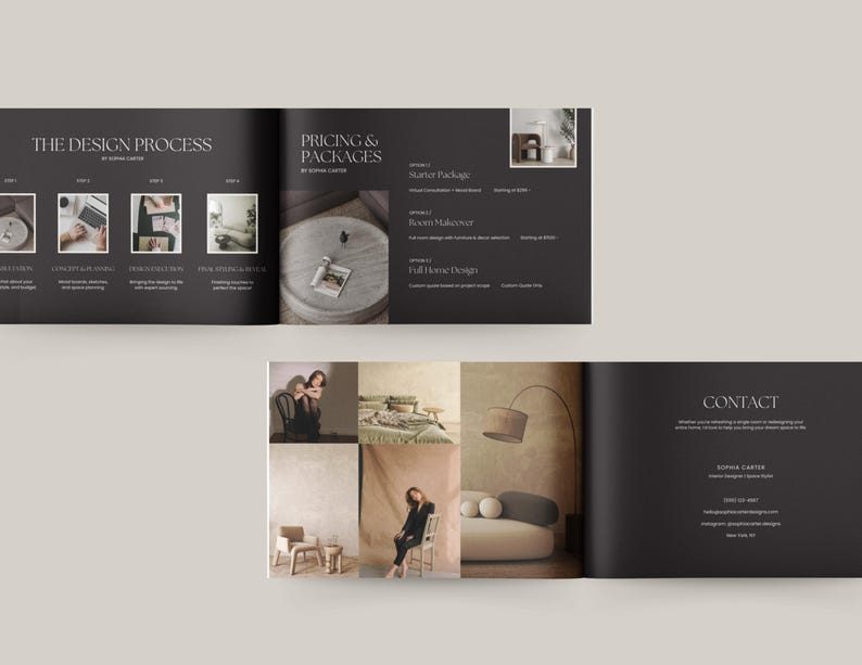 Op de afbeelding: Een brochure voor interieurontwerpservices. De brochure bevat afbeeldingen van meubels, verlichting en een ontwerper. De tekst op de brochure omvat "The Design Process", "Pricing & Packages" en "Contact".