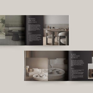 Op de afbeelding: Een brochure die interieurontwerpprincipes presenteert met twee verschillende stijlen: "Moderne organische elegantie" en "Warme minimalistische retraite". De brochure bevat afbeeldingen van woonkamers met meubels en decoratie, samen met tekst die de ontwerpconcepten beschrijft.