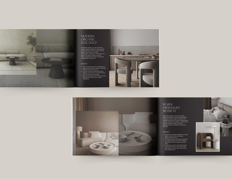 Op de afbeelding: Een brochure die interieurontwerpprincipes presenteert met twee verschillende stijlen: "Moderne organische elegantie" en "Warme minimalistische retraite". De brochure bevat afbeeldingen van woonkamers met meubels en decoratie, samen met tekst die de ontwerpconcepten beschrijft.