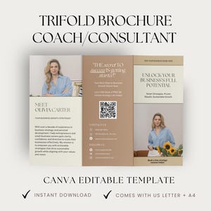 May include: A trifold brochure template for a coach or consultant. The brochure features a photo of a woman and text that says "Meet Olivia Carter, Your Business Growth Strategist". The brochure also includes a QR code and the text "The secret to success is getting started".
