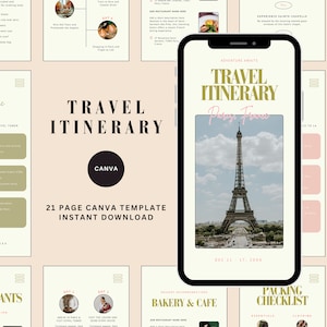 Può includere: Un modello Canva di 21 pagine per un itinerario di viaggio a Parigi, Francia. Il modello include una foto della Torre Eiffel, una lista di controllo per l'imballaggio, un elenco di panetterie e caffetterie e un elenco di ristoranti. Il modello è disponibile per il download immediato.
