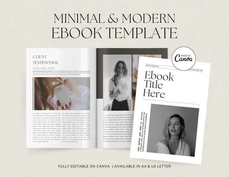 Minimalist eBook Template for Canva – fully editable digital magazine layout with clean typography and modern design. Ideal for coaches, course creators, and online entrepreneurs. Includes testimonial and cover page mockups in A4 and US Letter sizes. Perfect for lead magnets, workbooks, or branded digital downloads.