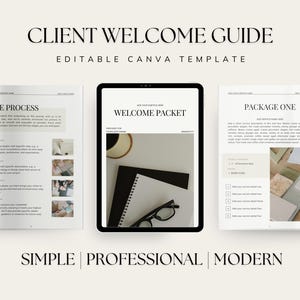 Könnte beinhalten: Eine digitale Willkommens-Guide-Vorlage mit einem einfachen, professionellen und modernen Design. Der Leitfaden enthält Abschnitte für "Der Prozess", "Willkommenspacket" und "Paket Eins".