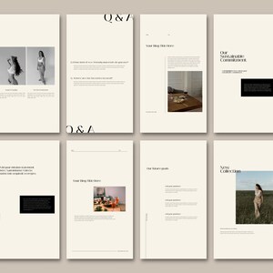 May include: A magazine layout with a minimalist design featuring images of clothing, a table setting, and a woman walking in a field. The text "Q&A", "Our Sustainable Commitment", "Your Blog Title Here", and "New Collection" is included in the layout.