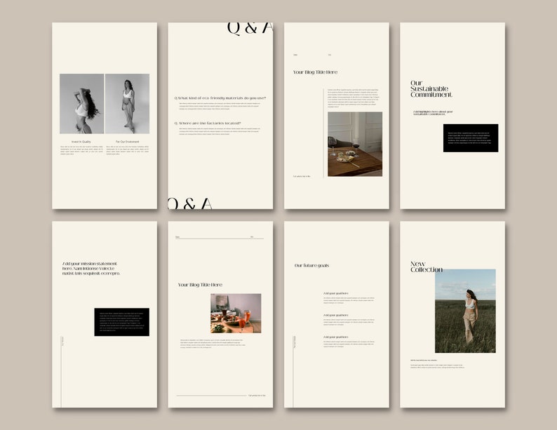 May include: A magazine layout with a minimalist design featuring images of clothing, a table setting, and a woman walking in a field. The text "Q&A", "Our Sustainable Commitment", "Your Blog Title Here", and "New Collection" is included in the layout.