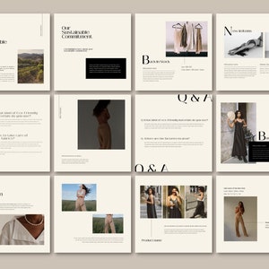 May include: A collection of images showcasing a clothing brand's sustainable practices, new arrivals, and back in stock items. The images feature models wearing various clothing items, including dresses, pants, and tops. The text "Our Sustainable Practice", "Our Sustainable Commitment", "New Arrivals", "Back in Stock", "Q&A", and "Explore the Collection" is visible in the images.