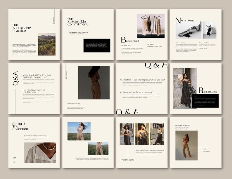 May include: A collection of images showcasing a clothing brand's sustainable practices, new arrivals, and back in stock items. The images feature models wearing various clothing items, including dresses, pants, and tops. The text "Our Sustainable Practice", "Our Sustainable Commitment", "New Arrivals", "Back in Stock", "Q&A", and "Explore the Collection" is visible in the images.