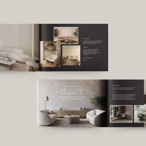 Op de afbeelding: Een brochure die interieurontwerppunten presenteert voor een luxe woonkamer en een moderne werkplek. De brochure bevat afbeeldingen van stijlvolle meubels, waaronder een grote hoekbank, een salontafel en een paar fauteuils. De tekst in de brochure benadrukt de concepten "The Luxe Villa Retreat" en "The Elegant Workspace".
