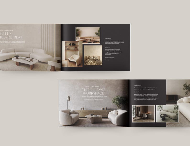 Op de afbeelding: Een brochure die interieurontwerppunten presenteert voor een luxe woonkamer en een moderne werkplek. De brochure bevat afbeeldingen van stijlvolle meubels, waaronder een grote hoekbank, een salontafel en een paar fauteuils. De tekst in de brochure benadrukt de concepten "The Luxe Villa Retreat" en "The Elegant Workspace".