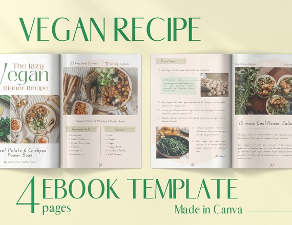 Vegan Recipe Cookbook Template / Printable Ebook Template / - Etsy