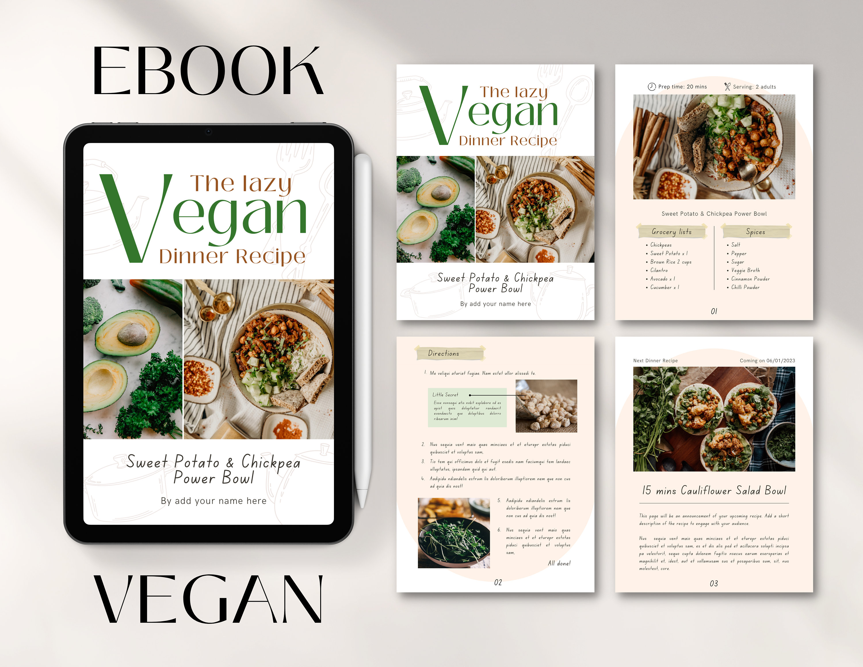 Vegan Recipe Cookbook Template / Printable Ebook Template / Digital