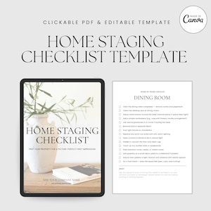Puede incluir: Una tableta digital que muestra una plantilla de "Home Staging Checklist", con el texto "Home Staging Checklist". Una lista de verificación impresa está a la derecha. La imagen incluye un jarrón con vegetación y el logotipo de Canva.