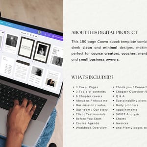 以下が含まれることがあります： 白黒のデザインでCanvaの電子書籍テンプレートを表示しているラップトップコンピューター。画面のテキストには、「このデジタル製品について」と「何が含まれていますか？」と書かれています。テキストには、表紙、目次、章の表紙、私たちについて、私たちの使命、私たちのチーム、顧客からの推薦状、始める前に、コースの議題、ワークブックの概要、ありがとうございました、お問い合わせください、章の概要、Q&A、持続可能性計画、毎日のプランナー、予約、SWOT分析、チャート、請求書、そして書くためのたくさんのページが含まれています。