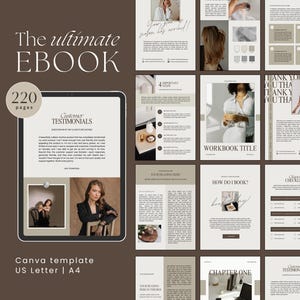 Può includere: Un mockup di prodotto digitale con un modello Canva per un ebook. Il design include un tablet che mostra le testimonianze dei clienti, con il testo "The ultimate EBOOK" e "220 pagine". Pagine aggiuntive mostrano titoli di quaderni di lavoro e liste di controllo.