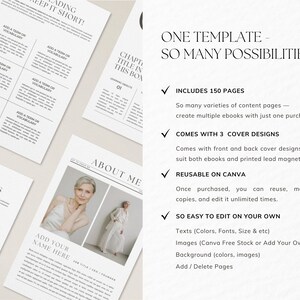 以下が含まれることがあります： 白黒の電子書籍テンプレートのデジタル製品モックアップで、「One Template - So Many Possibilities!」というテキストと、150ページ、3つのカバーデザイン、Canvaでの再利用、自分で簡単に編集できるなど、機能のチェックリストが表示されています。