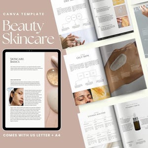May include: A digital magazine mockup with the title "Beauty Skincare" on the cover. The magazine includes sections on skincare basics, oily skin, and evening routines. The magazine is designed in a minimalist style with a white background and black text.