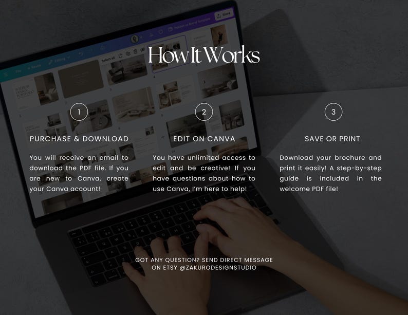 Op de afbeelding: Een laptopscherm met een handleiding voor het bewerken van een brochure op Canva. De handleiding is onderverdeeld in drie stappen: kopen en downloaden, bewerken op Canva en opslaan of afdrukken. Het scherm bevat ook een bericht om contact op te nemen met de verkoper op Etsy voor eventuele vragen.