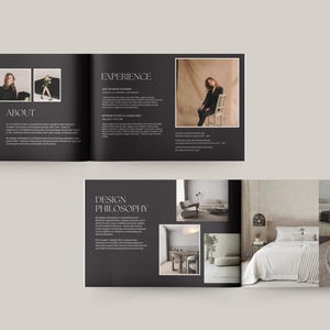 Op de afbeelding: Een open brochure met een zwarte achtergrond en witte tekst. De brochure bevat afbeeldingen van interieurontwerpprojecten, waaronder een woonkamer met een bank en salontafel, een slaapkamer met een bed en nachtkastje, en een eetkamer met een tafel en stoelen. De tekst op de brochure bevat de woorden "Over ons", "Ervaring", "Ontwerpfilosofie" en "Interieurontwerp".