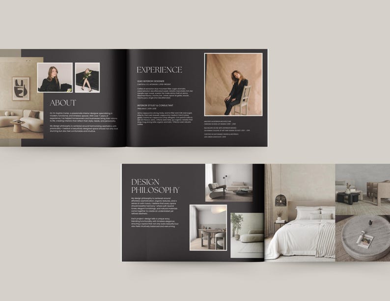 Op de afbeelding: Een open brochure met een zwarte achtergrond en witte tekst. De brochure bevat afbeeldingen van interieurontwerpprojecten, waaronder een woonkamer met een bank en salontafel, een slaapkamer met een bed en nachtkastje, en een eetkamer met een tafel en stoelen. De tekst op de brochure bevat de woorden "Over ons", "Ervaring", "Ontwerpfilosofie" en "Interieurontwerp".