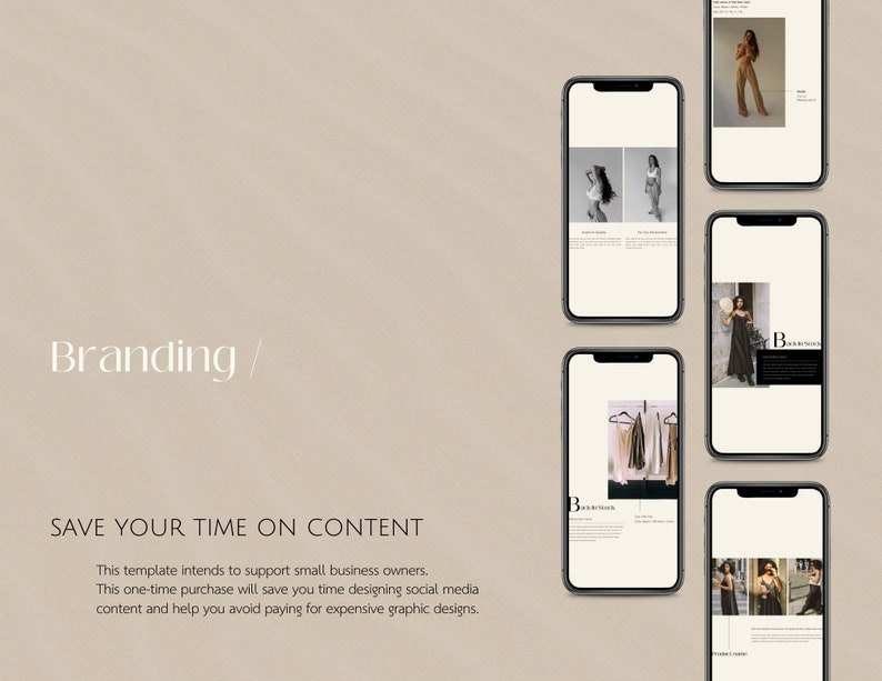 May include: A collection of five mockups showing how to use social media templates for branding. The mockups show different images and text layouts for a clothing brand.