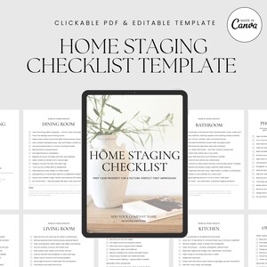 May include: A digital home staging checklist template displayed on a tablet, with the text "HOME STAGING CHECKLIST TEMPLATE". The template includes checklists for various rooms and photography day. The Canva logo is visible.