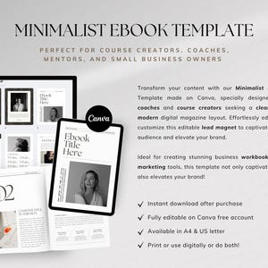 以下が含まれることがあります： コーチやコース制作者向けにデザインされたミニマルな電子書籍テンプレート。テンプレートは、黒と白のカラーパレットで、クリーンでモダンなデジタル雑誌レイアウトを採用しています。テンプレートのテキストは「Ebook Title Here」です。