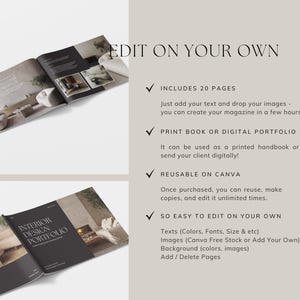 Op de afbeelding: Een mockup van een 20-pagina's tellende magazinetemplate voor een interieurontwerpportfolio. Het magazine is open om een pagina te laten zien met de tekst "Interior Design Portfolio" en een foto van een woonkamer. De tekst "Edit on Your Own" wordt boven het magazine weergegeven.