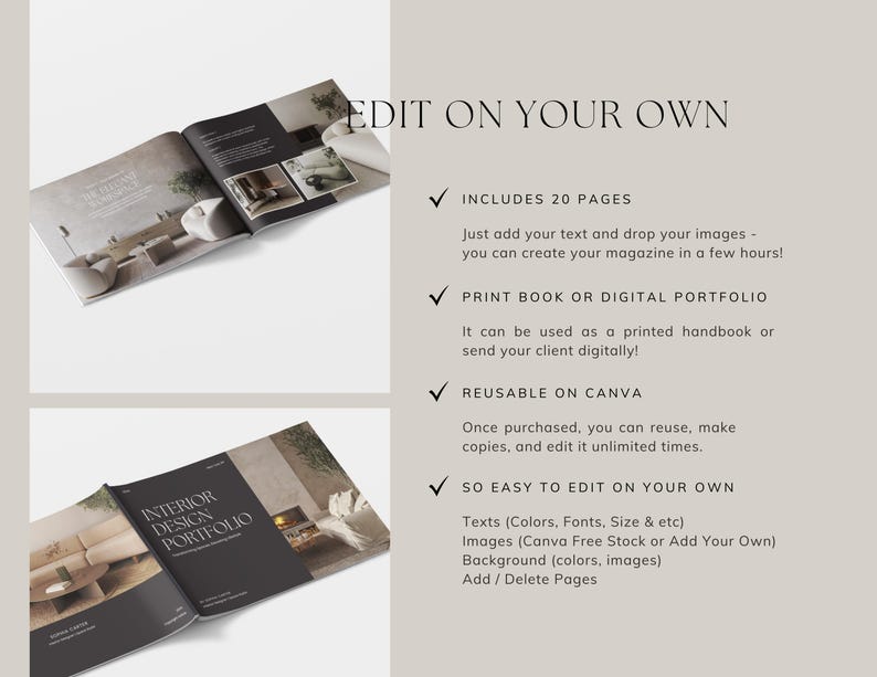 Op de afbeelding: Een mockup van een 20-pagina's tellende magazinetemplate voor een interieurontwerpportfolio. Het magazine is open om een pagina te laten zien met de tekst "Interior Design Portfolio" en een foto van een woonkamer. De tekst "Edit on Your Own" wordt boven het magazine weergegeven.