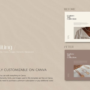 May include: Before and after images showing a website template for an online store. The before image shows a white background with the text "Explore The Collection". The after image shows a brown background with the text "Explore The Collection" and a photo of gold necklaces with pendants.