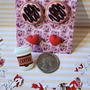 Coffee Earrings, Donut Earrings, Doughnut Earrings, Coffee and Donuts, Doughnut jewelry, Candy heart studs, Heart studs, Valentine&#39;s Day